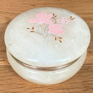 VTG Alabaster Trinket Box Italy Pink Floral Italian Hinge Jewelry
